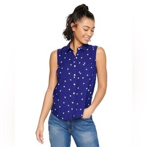 Sleeveless blue collared button tank W star print Fourth of July summery NWT SM